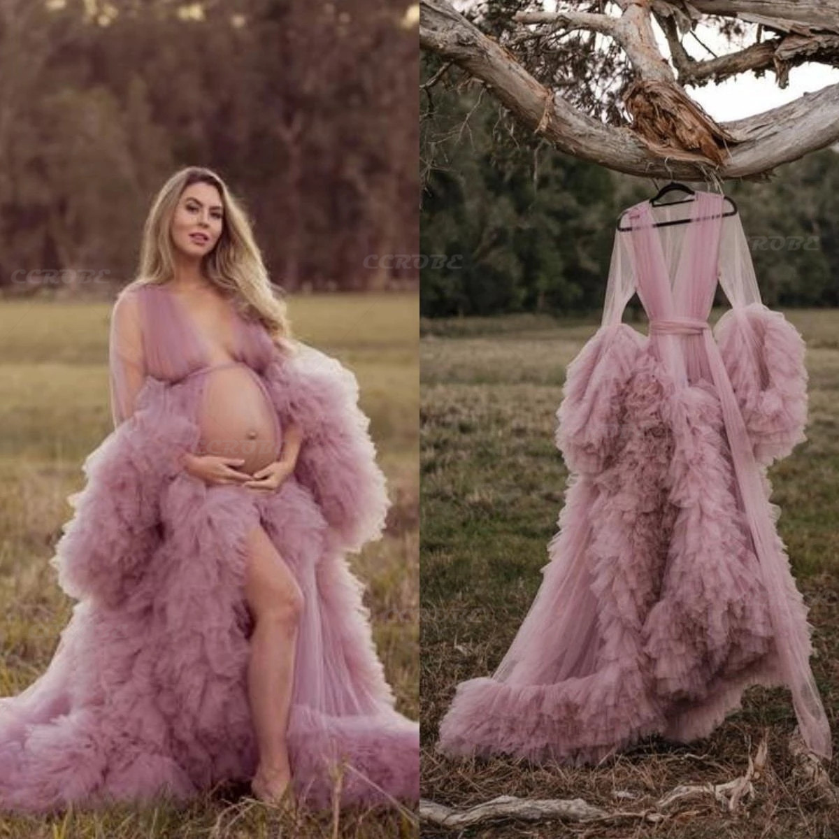 Robe de chambre longue en Tulle transparent pour femmes, Robe bouffante de grossesse, de maternité, pour réception-cadeau pour bébé, chemise de nuit, vêtements de nuit