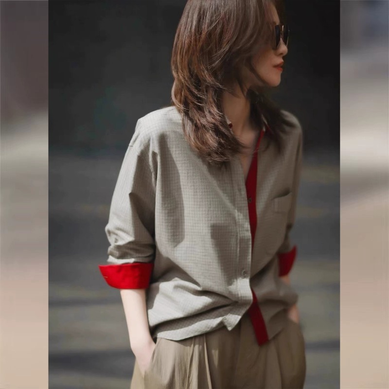 Chemisiers Vintage à carreaux pour femmes, chemises décontractées, mode ample, vêtements d'été de Style français, manches longues, gris, hauts pour femmes