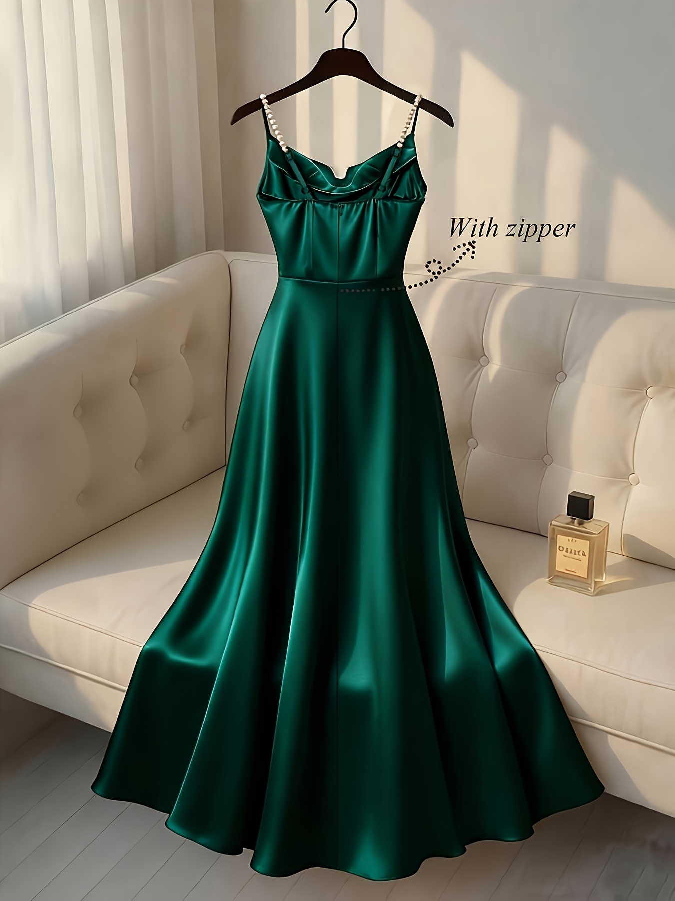 Robe rétro en satin avec bretelles en perles. Design simple, élégant et raffiné, idéal pour les fêtes, les mariages, les rendez-vous et les trajets quotidiens.