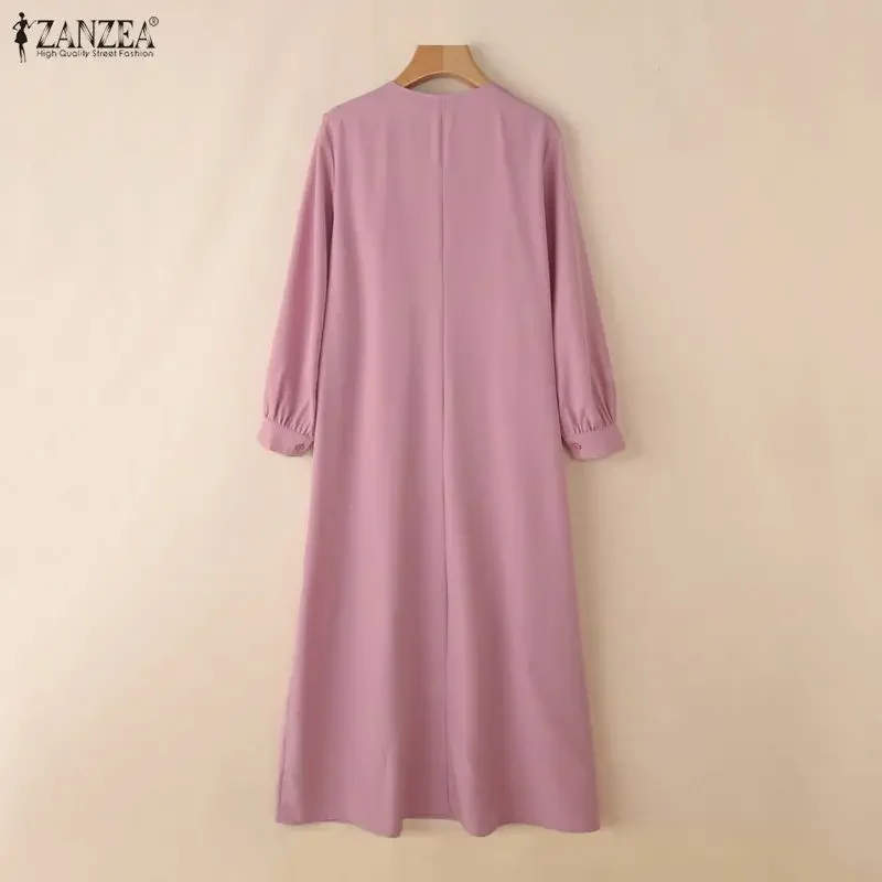 ZANZEA Élégante Abaya Musulmane Hijab Robe Longue Femme Manches Longues Robe de Ramadan Robe de Printemps Unie Ample Maxi Vestido Kaftan 2026