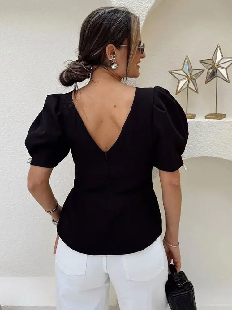 HH Femme T-shirt Noir Élégant Vintage à Col Rond, Manches Bouffantes et Nœud, Coupe Ajustée, Dos Nu, pour l'été, décontracté, les vacances et les soirées
