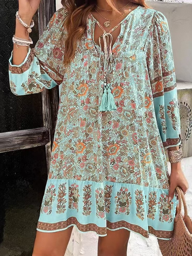 Robe ample imprimée décontractée pour femmes, mode manches longues, col en V, à lacets, Vintage, pull, style Boho, vêtements de vacances pour femmes