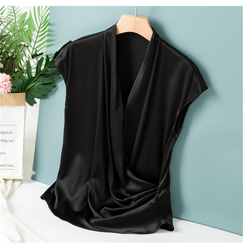 Chemisier élégant en satin pour femme, chemisier de bureau sexy à col en V, chemises décontractées unies à manches courtes, hauts de soirée pour femme, printemps et été