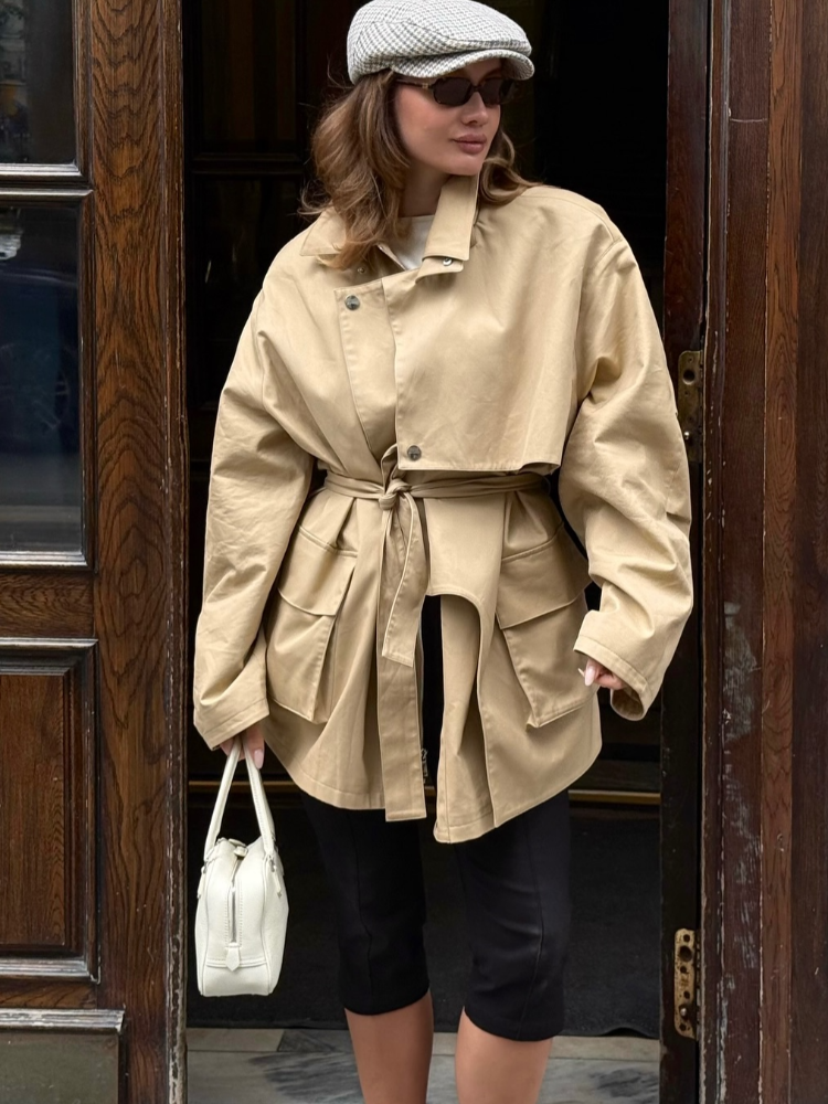 Trench-Coat kaki à simple boutonnage pour femme, élégant, revers, manches longues, poches, coupe-vent, automne, veste de rue quotidienne