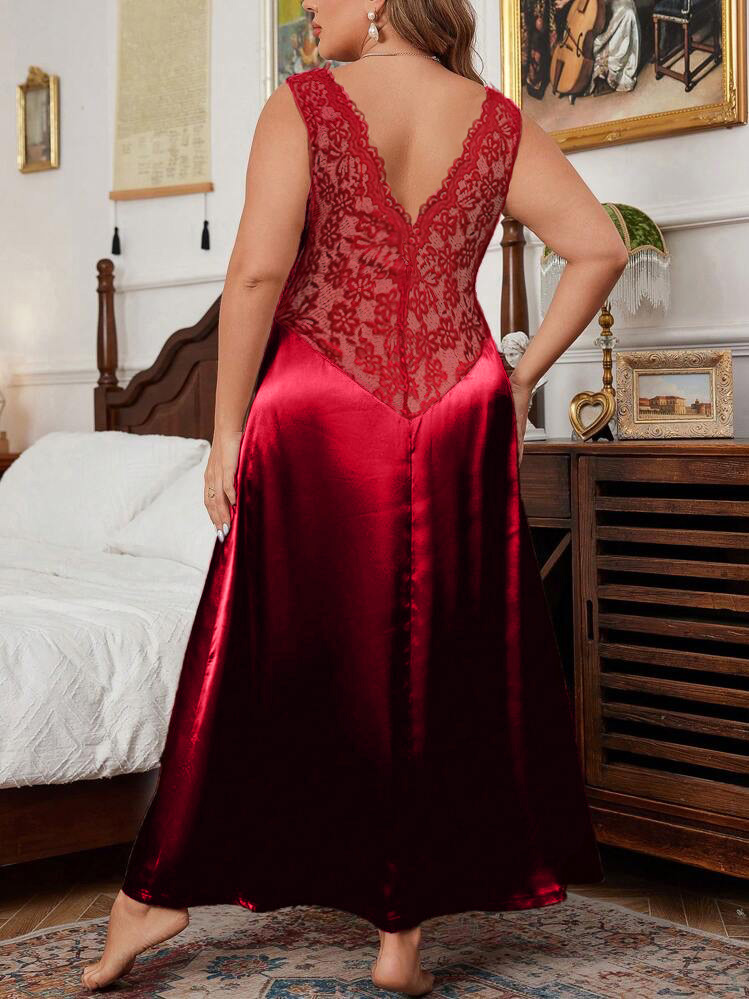 Robe de nuit longue en satin rouge bordeaux pour femme, avec dentelle, col en V, sans manches, grande taille, sexy et ajustée, pour la maison
