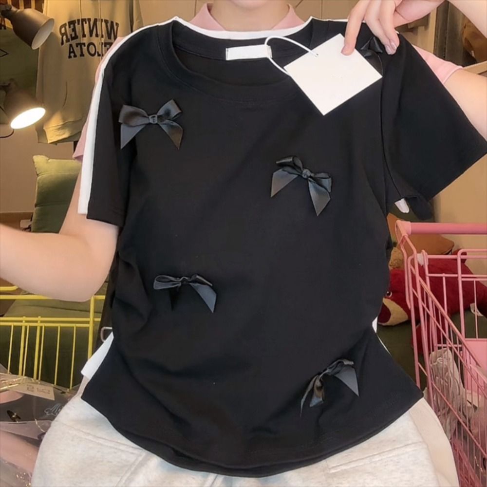 T-shirt à Manches Courtes et Col Rond pour Femme et Fille, Vêtement Élégant, de Style Japonais, Solide, avec Ruban, Crop Précieux