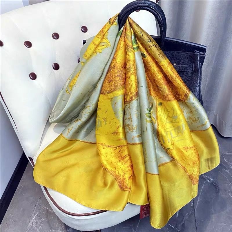 Écharpe en soie tendance pour femme, motif tournesols, châle de protection solaire pour voyage en extérieur, couvre-chaussons de plage d'été YD5065