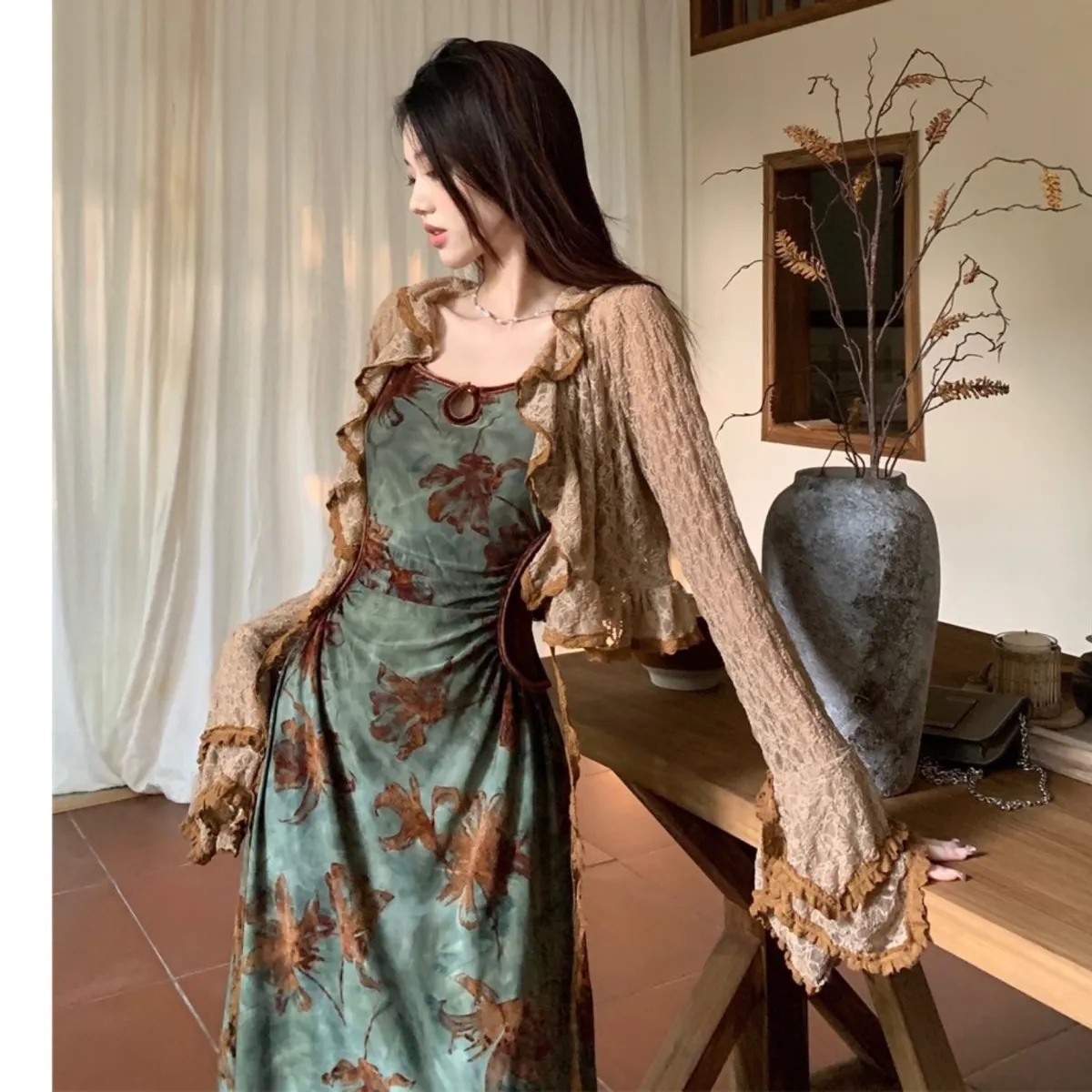 Ensemble deux pièces patchwork floral vintage pour femmes, robe maxi à volants, cardigan court, tenue à lacets, Vein Chic, doux