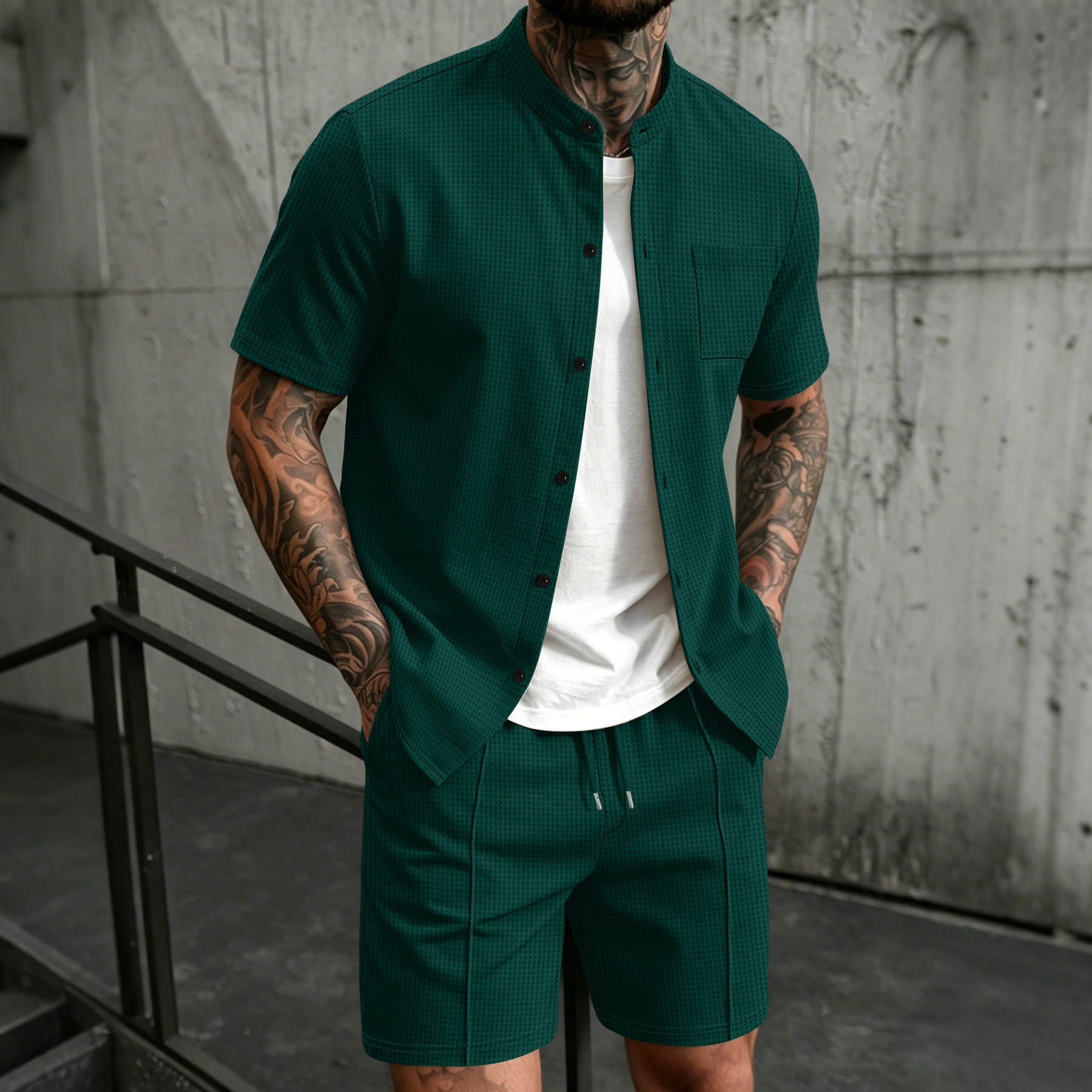 Ensemble 2 pièces pour homme, chemise à manches courtes à col montant avec poche poitrine et short à cordon de serrage, ensemble coordonné décontracté
