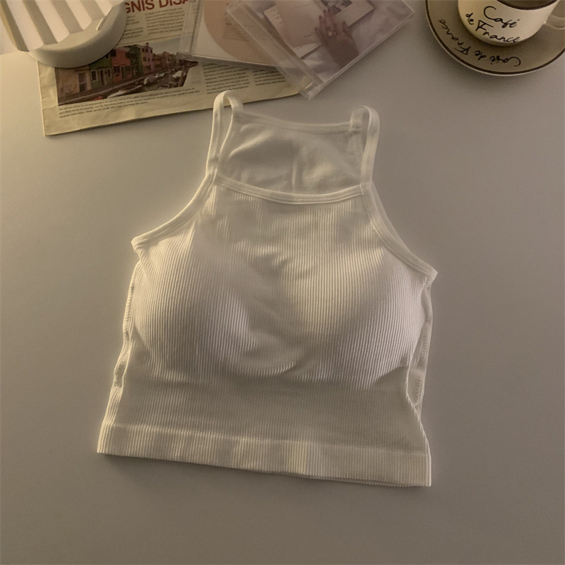 Haut court avec coussretours de poitrine pour femme, caraco basique, fibre rayée, mode décontractée, version coréenne