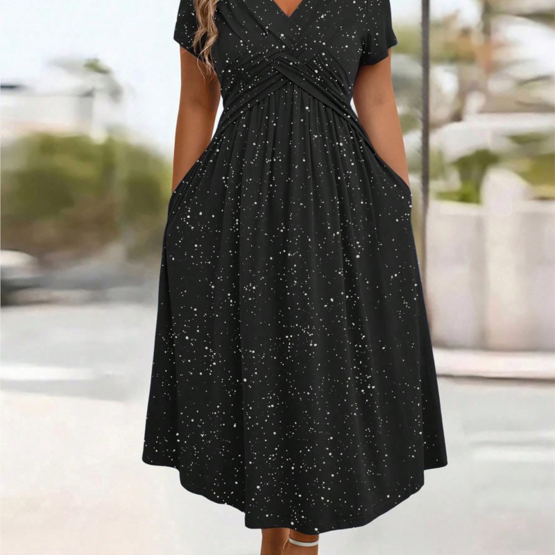 Nouvelle Robe Longue Élégante pour Femme, Col en V, Manches Courtes, avec Poches, pour Soirée Formelle et Mode Estivale