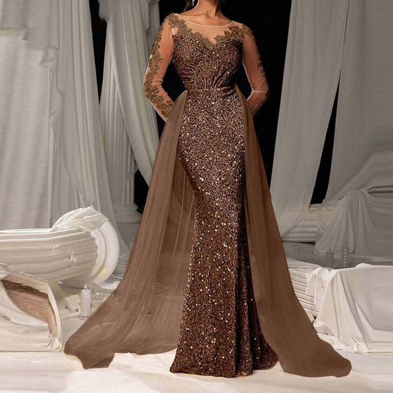 Robe de soirée de luxe à manches longues, Slim, élégante, col en v, dentelle, paillettes, maille épissée, mode, couleur unie, taille haute, paillettes