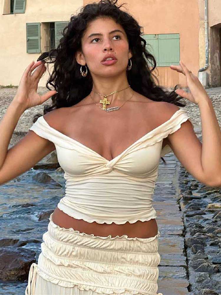 Tenue de plage plissée à volants pour femmes, haut court, épaules dénudées, en fibre, sexy, été, 2024