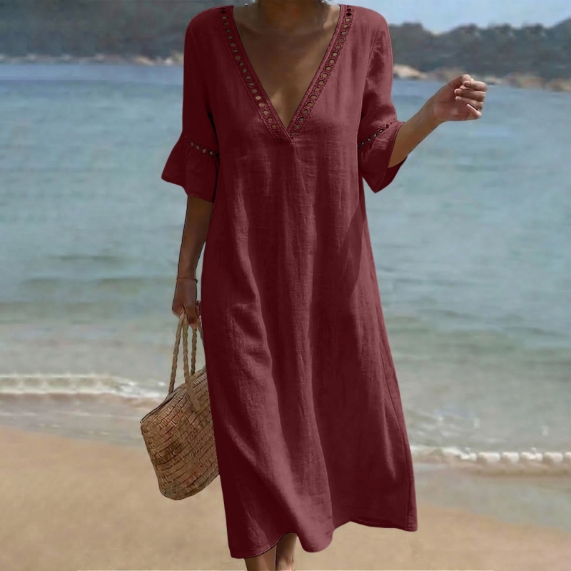 Robes longues fluides en dentelle à manches mi-longues et col en V pour femmes, coupe ample en gaze de coton