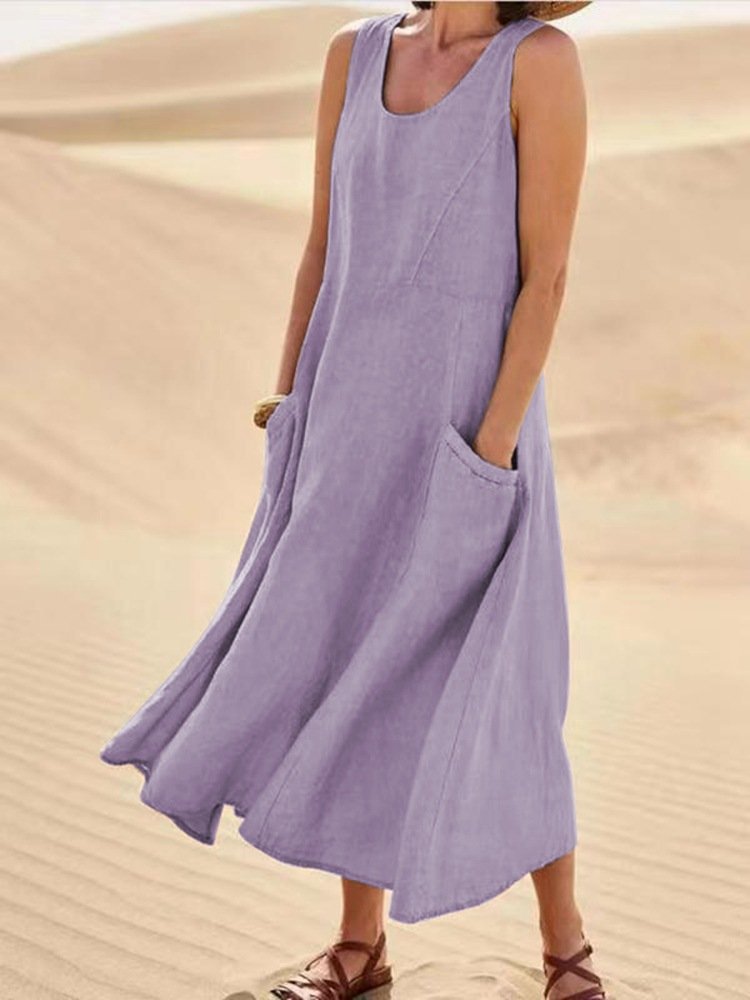Robe de plage en coton et lin pour femme, 12 couleurs, poche en fibre, col rond, mode simple, jupe mi-longue pour femme
