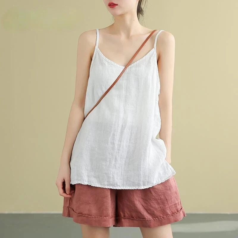 Hauts pour femmes, bretelles Spaghetti, Camis en coton et lin, col en V, Camisole d'été décontractée, sans manches, lin, débardeurs amples, 2025
