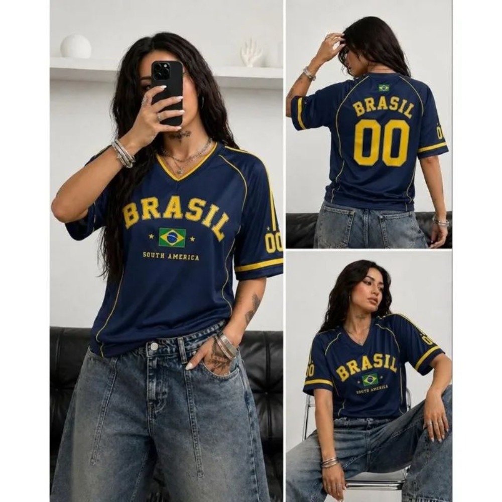 Maillot de football rétro Y2K pour femme, col en V, manches courtes, maille respirante, coupe ample, style streetwear décontracté, Brésil 00