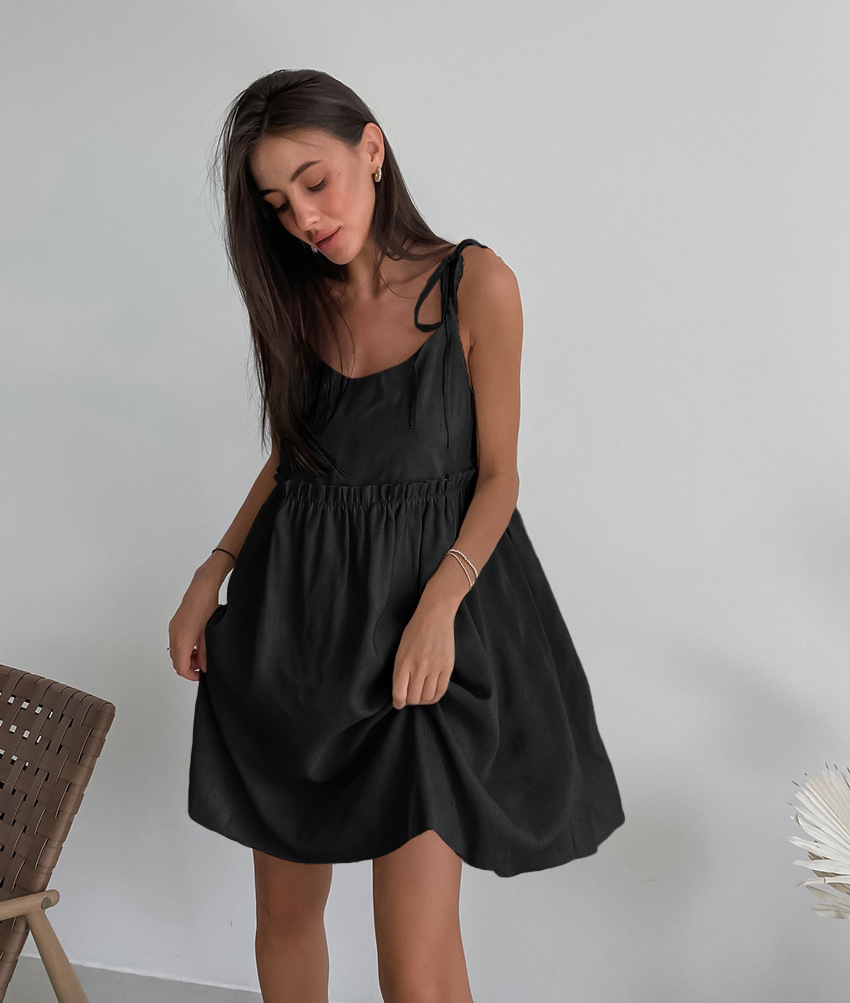 Robes Courtes Amples en Coton et Lin à Lacets Élégantes pour Femmes – Robe Décontractée Simple d'Été, Robes de Plage Noires et Marron pour les Vacances