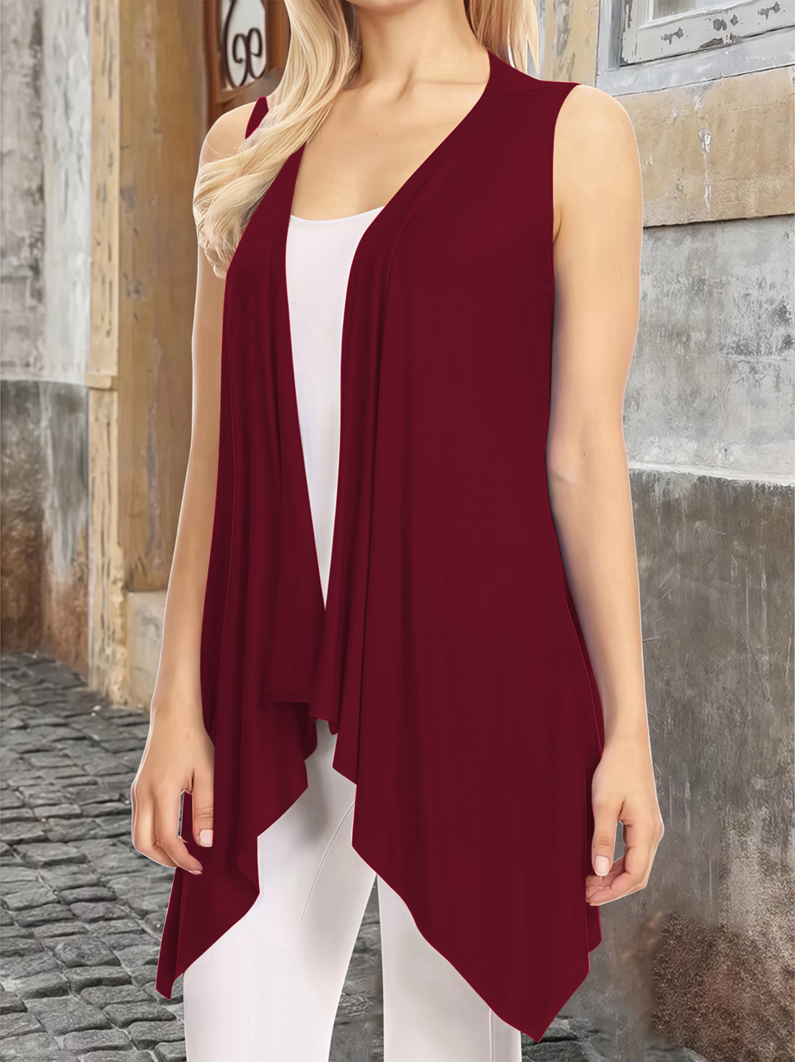 Gilet cardigan élégant sans manches ouvert sur le devant pour femme – Gilet long drapé léger de grande taille