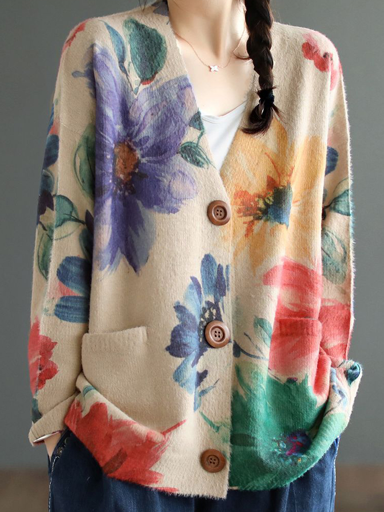 Cardigan imprimé pour femme, pull tricoté, mode coréenne, hauts à manches longues, col en V, ample, automne printemps