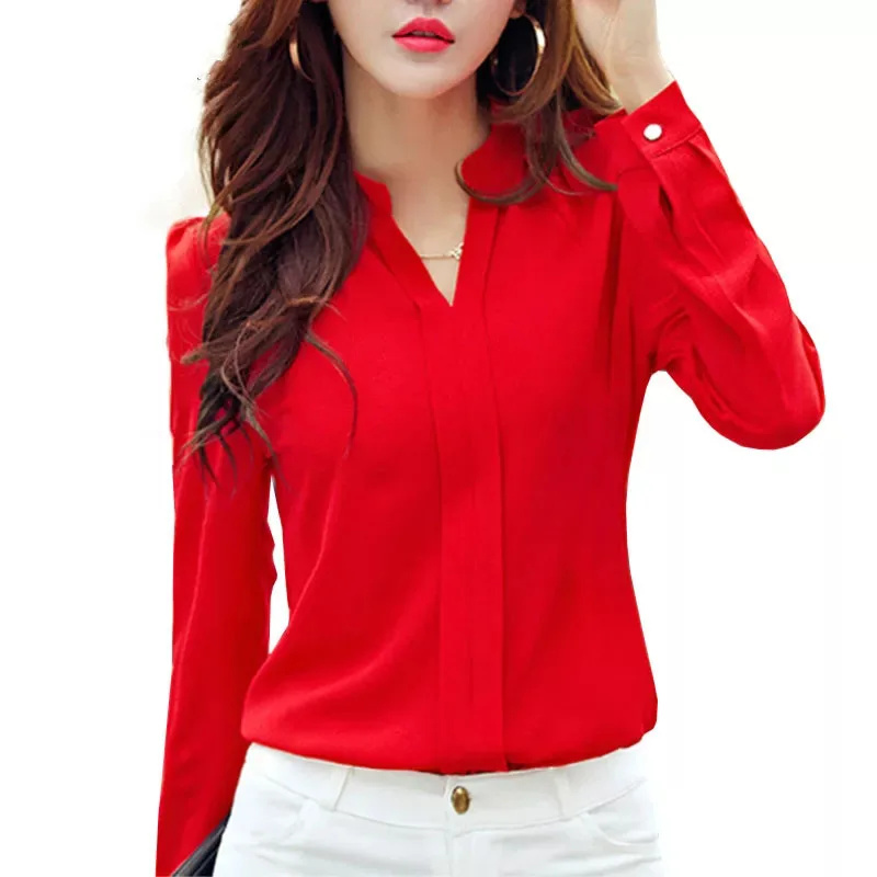 Chemise à manches longues pour femmes, vêtements d'automne, mode Slim, col en V, chemises de bureau élégantes coréennes pour dames, blanc et rouge
