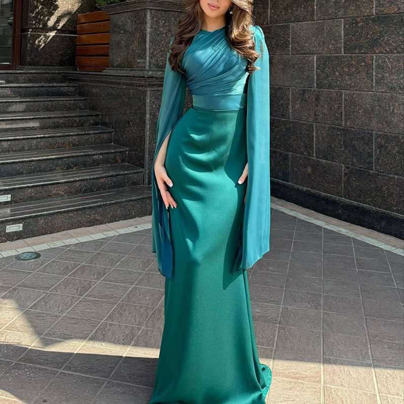 Robe de Soirée Longue en Satin pour Femme, Tenue Élégante, Couleur Unie, Col Rond, Manches Chauve-Souris, Taille Haute, Plissée