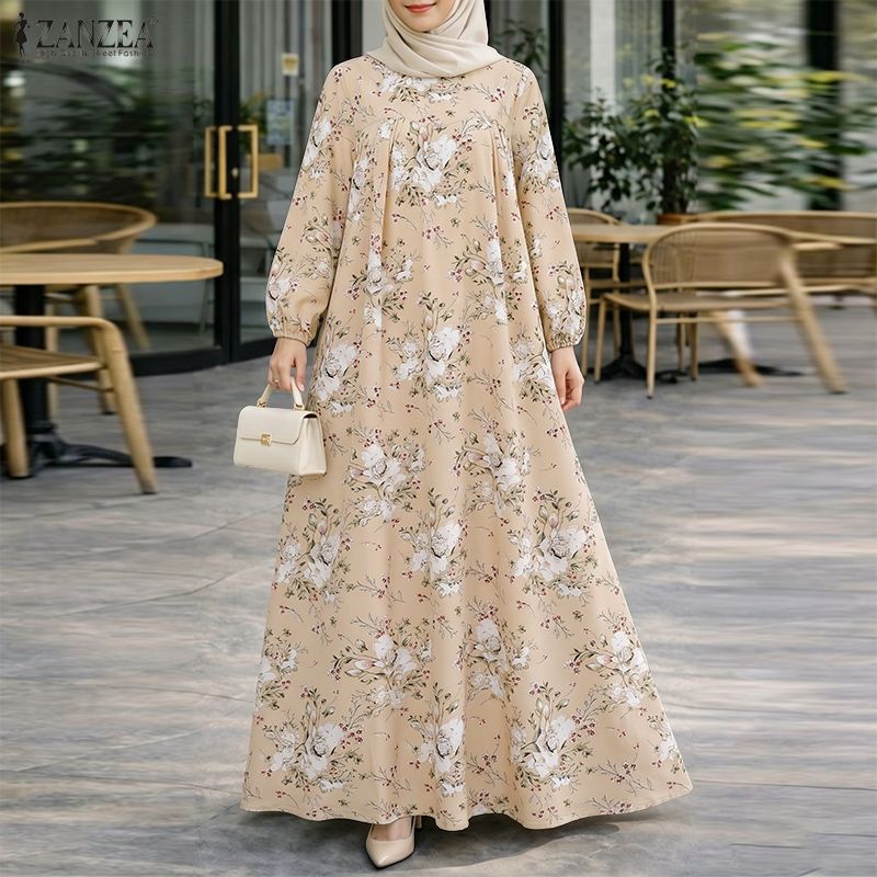 ZANZEA Abaya musulmane pour femmes, robe longue bohème, imprimé floral, manches longues, col rond, robe décontractée ample, kaftan