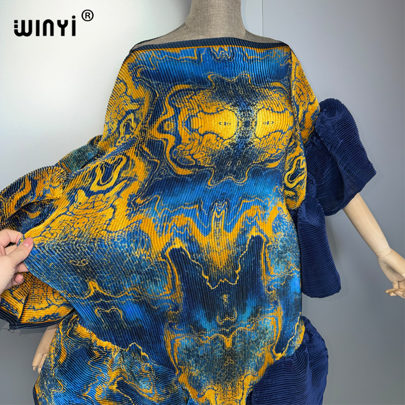 Robe Kaftan Maxi WINYI Style Dubaï Plissée Abaya Manches Bouffantes Élastiques Cache-maillot de Plage Robe de Soirée de Luxe pour Vacances et Fêtes