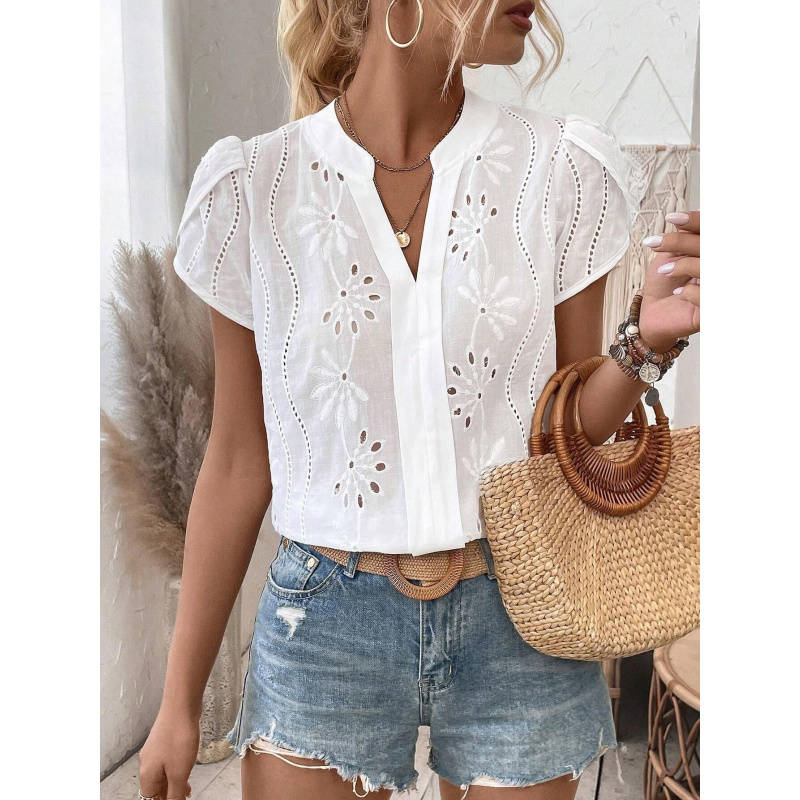 Chemisier élégant de style français à broderie florale anglaise pour femme, col en V, manches bouffantes, hauts décontractés d'été pour femme