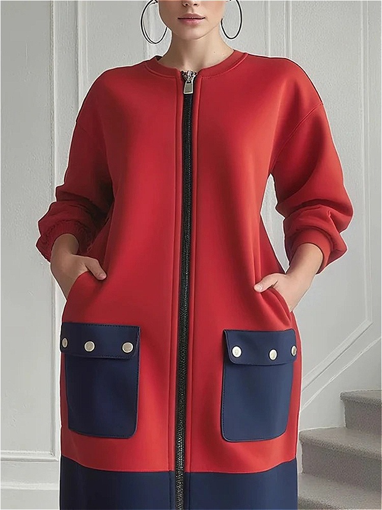 Modigirl contraste couleur manches longues robes pour femmes hiver printemps 2025 nouveau élégant rouge poches fermeture éclair femme Midi tenue décontractée