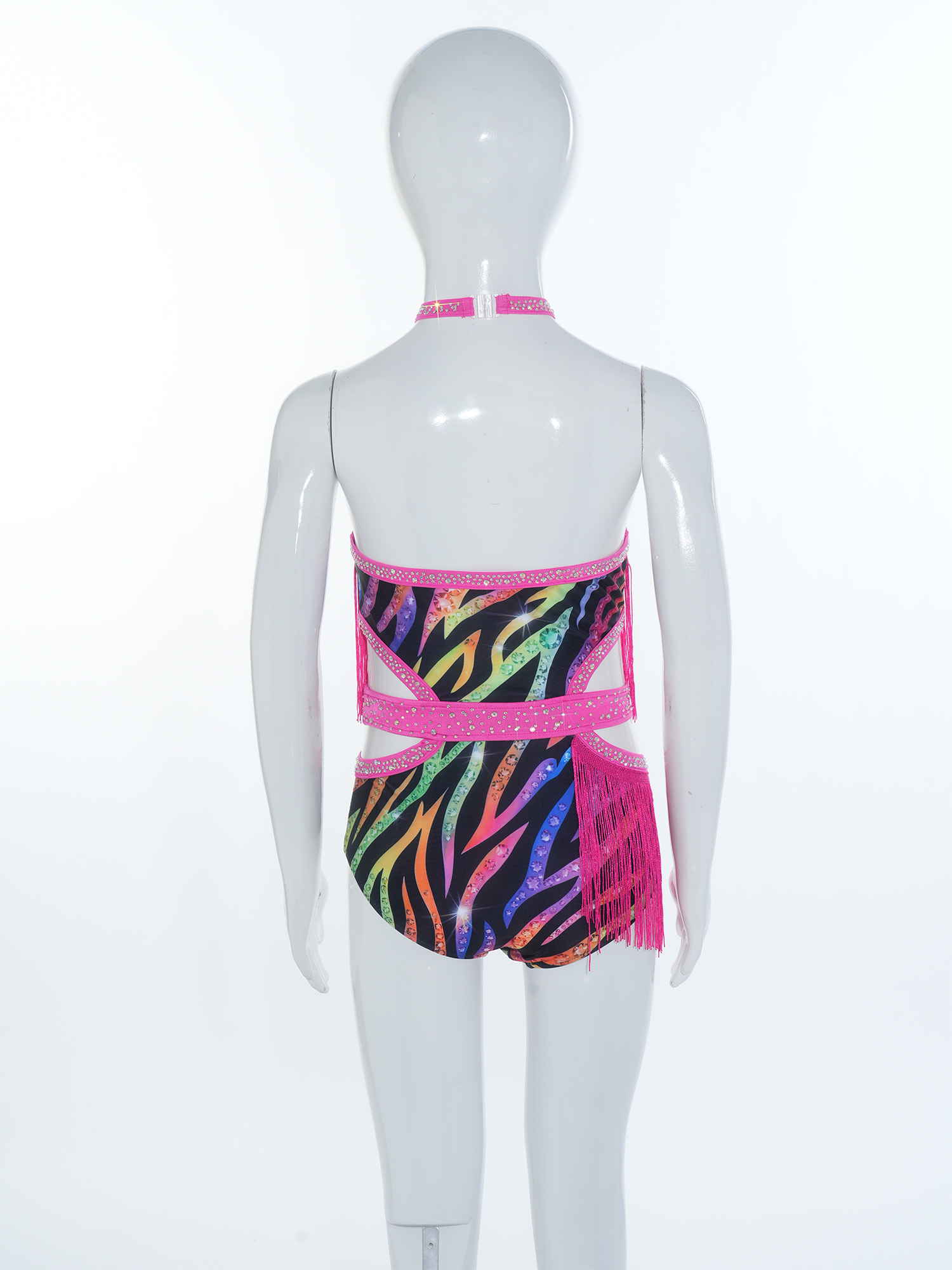 Robe de danse pour enfants filles, style léopard à franges, pour la danse latine, salsa, jazz, tango, avec découpes latérales croisées, sans manches, type justaucorps