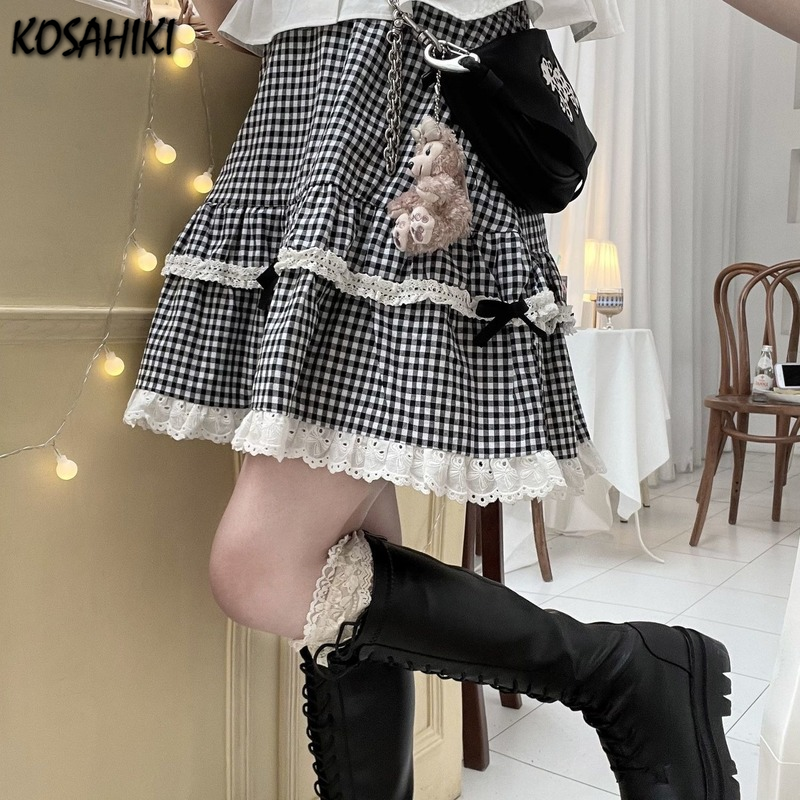 KOSAHISTOYLE-Jupe en dentelle à carreaux pour femmes, taille haute, robe de Rh, élégante, style japonais, assortie avec tout, mignonne, mini, mode, été