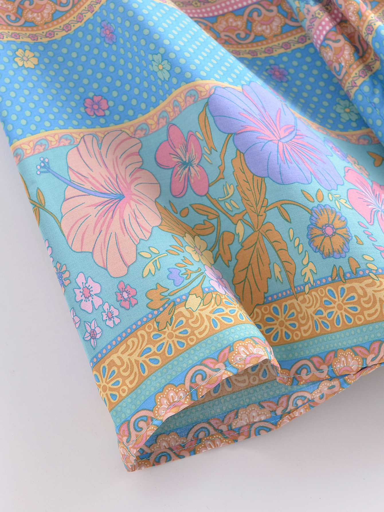 Kimono Bohème pour Femme, Imprimé Fleurs Bleues et Roses, avec Nœuds, Cardigan Mi-Long, Blouse d'Été, Cape de Plage