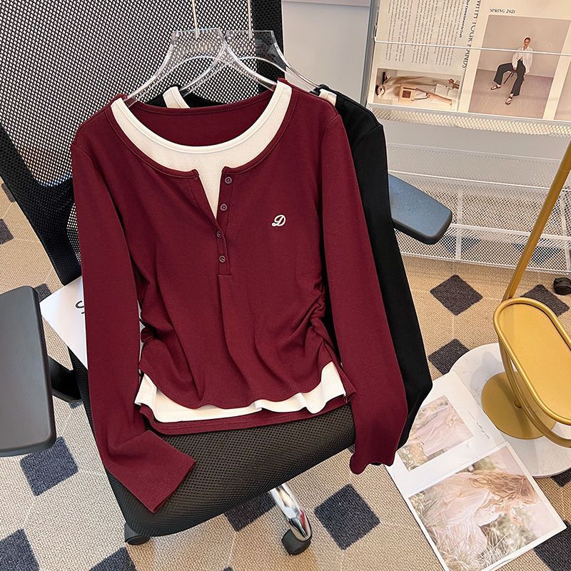Vêtements pour femmes grande taille, printemps et automne, nouveau t-shirt à manches longues décontracté polyvalent à faux deux pièces contrastées, taille cintrée