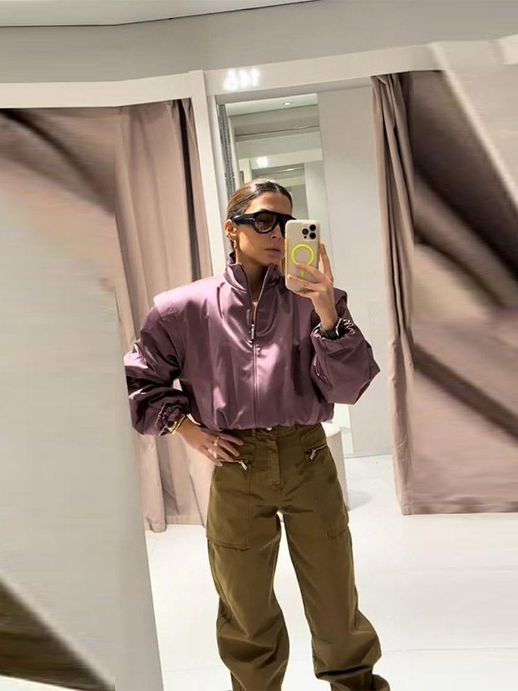 Nouvelle Veste Chic Oversize pour Femme avec Fermeture Éclair, Col Montant Uni, Ourlet Élastique – Idéale pour le Printemps et le Style Urbain