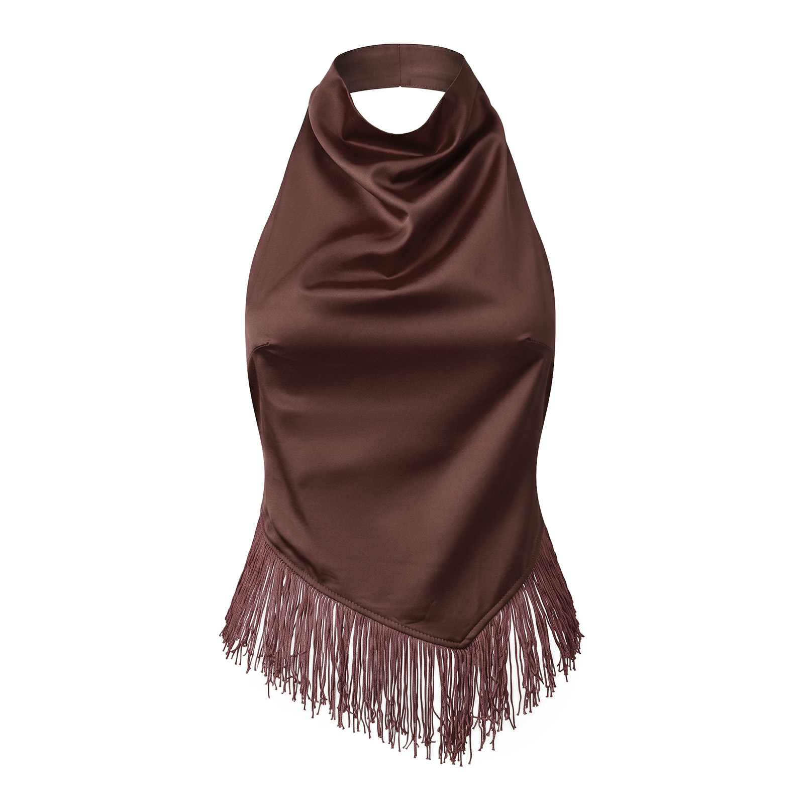 Débardeur Femme Chic à Franges Couleur Unie Col Halter Coupe Ajustée Sans Manches pour Vacances et Streetwear