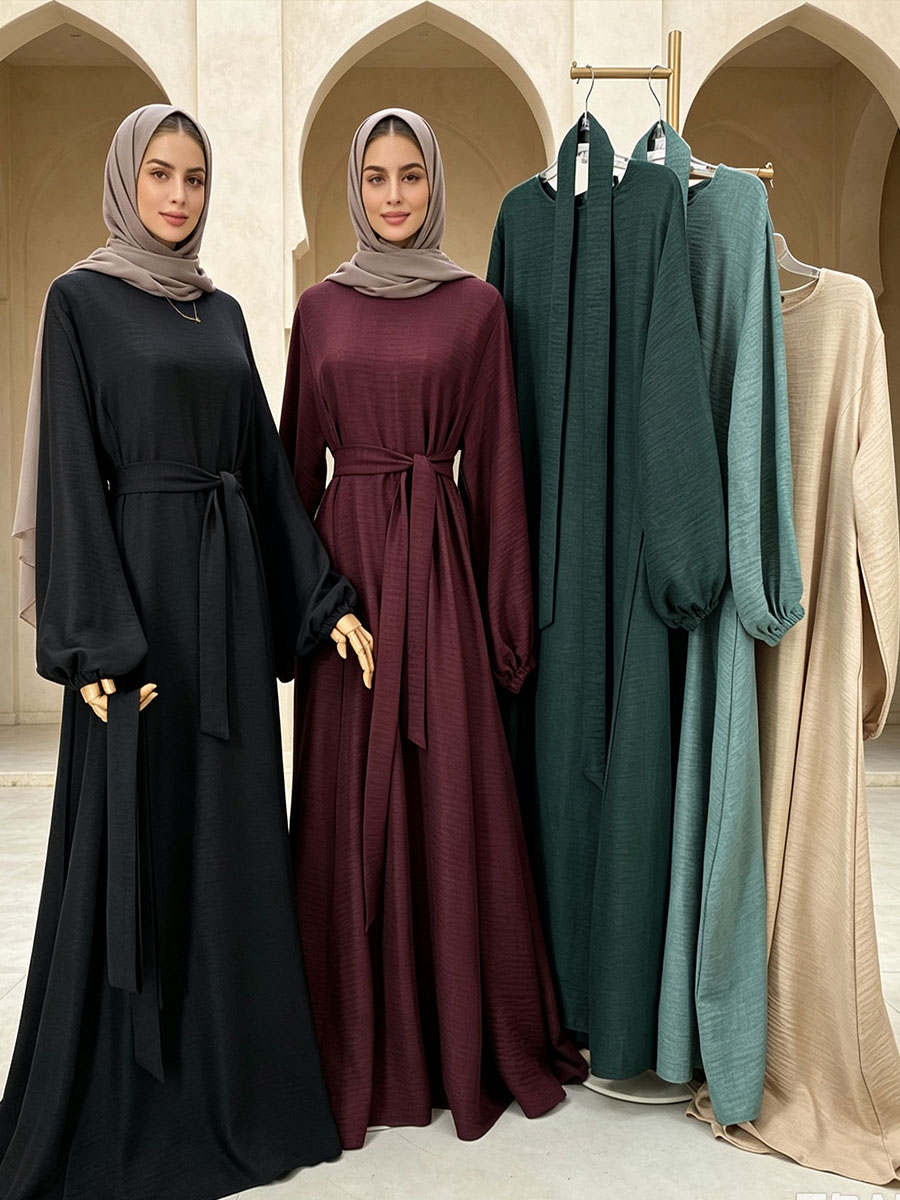 Robe Abaya musulmane pour femmes, robe maxi à manches longues bouffantes avec ceinture, robe de prière islamique modeste, kaftan, tenue pour l'Aïd et le Ramadan