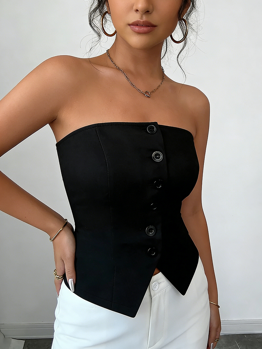 Haut corset pour femme sans bretelles, avec détails boutonnés, ourlet asymétrique, coupe ajustée et lisse, sexy, chic, extensible, pour le printemps, l'été et les soirées