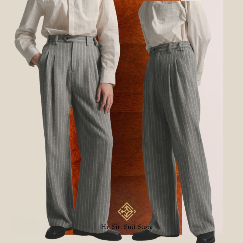 Pantalon de ville rayé pour homme, style Old Money, coupe large, ample, plissé, décontracté, à fines rayures, taille élastique, vintage