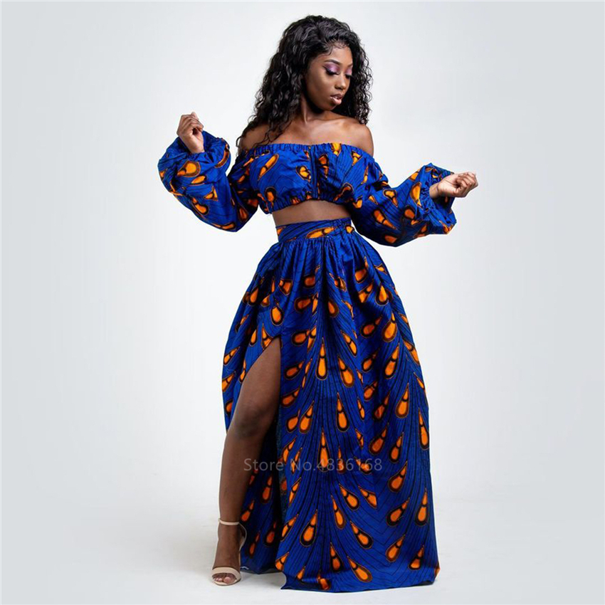 Robes africaines pour femmes, ensemble 2 pièces, manches longues, épaules dénudées, imprimé Dashiki, jupes fendues, vêtements Africna, automne