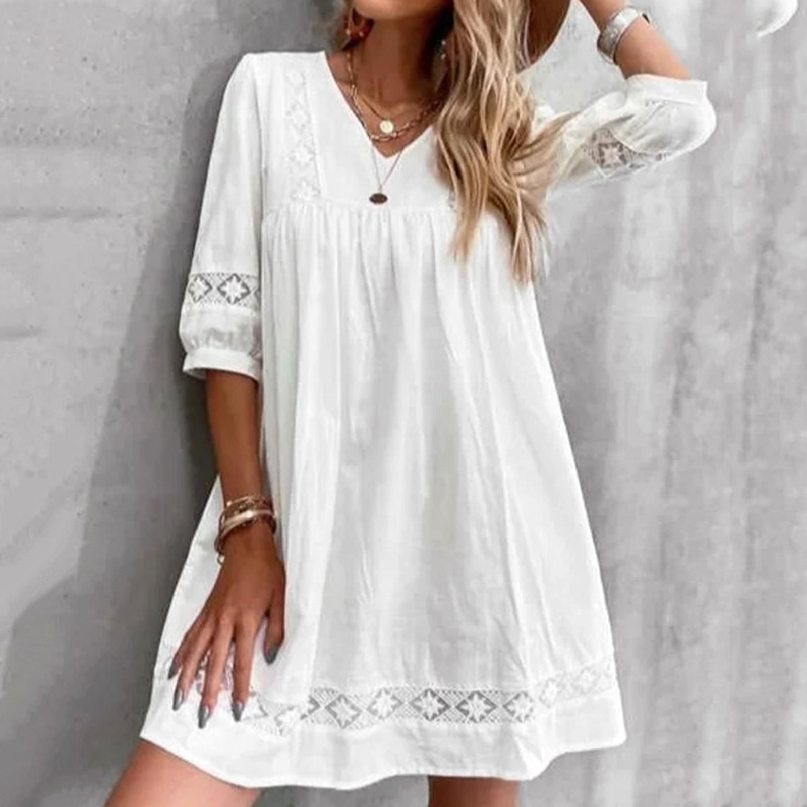 Robe Boho pour femmes, décontractée, en dentelle, col en V, manches courtes, robe de plage, balançoire, mode, Slim, grande taille, été