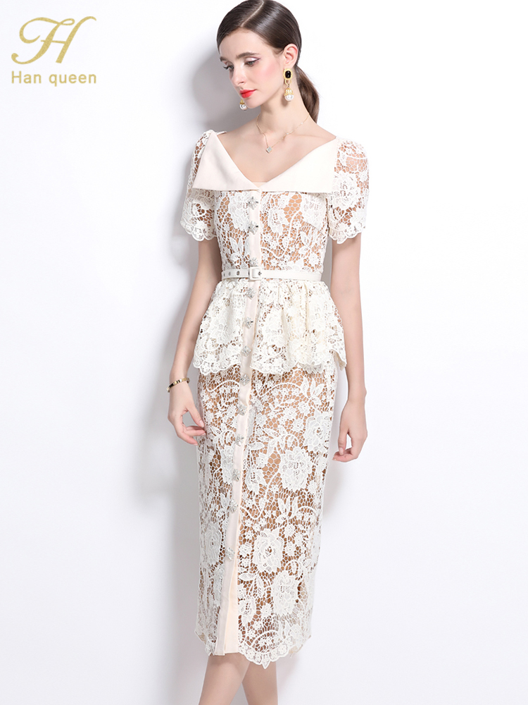 H Han Queen Robe de soirée vintage ajourée en dentelle pour femmes, manches courtes, luxueuse, à simple boutonnage, longue, pour l'été
