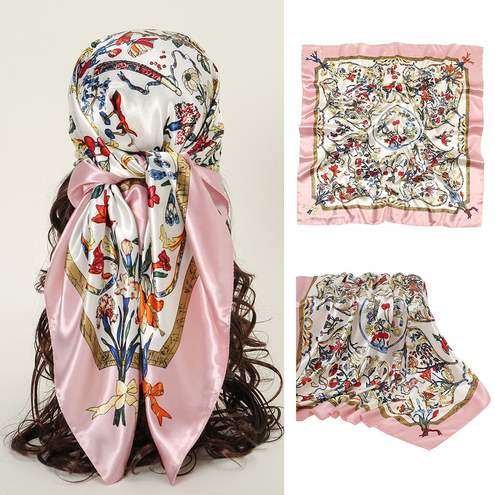 Foulard Carré Imprimé en Satin pour Femme, Châle Rond Hijab, Bandeau de Sauna, Bandana, 90x90cm