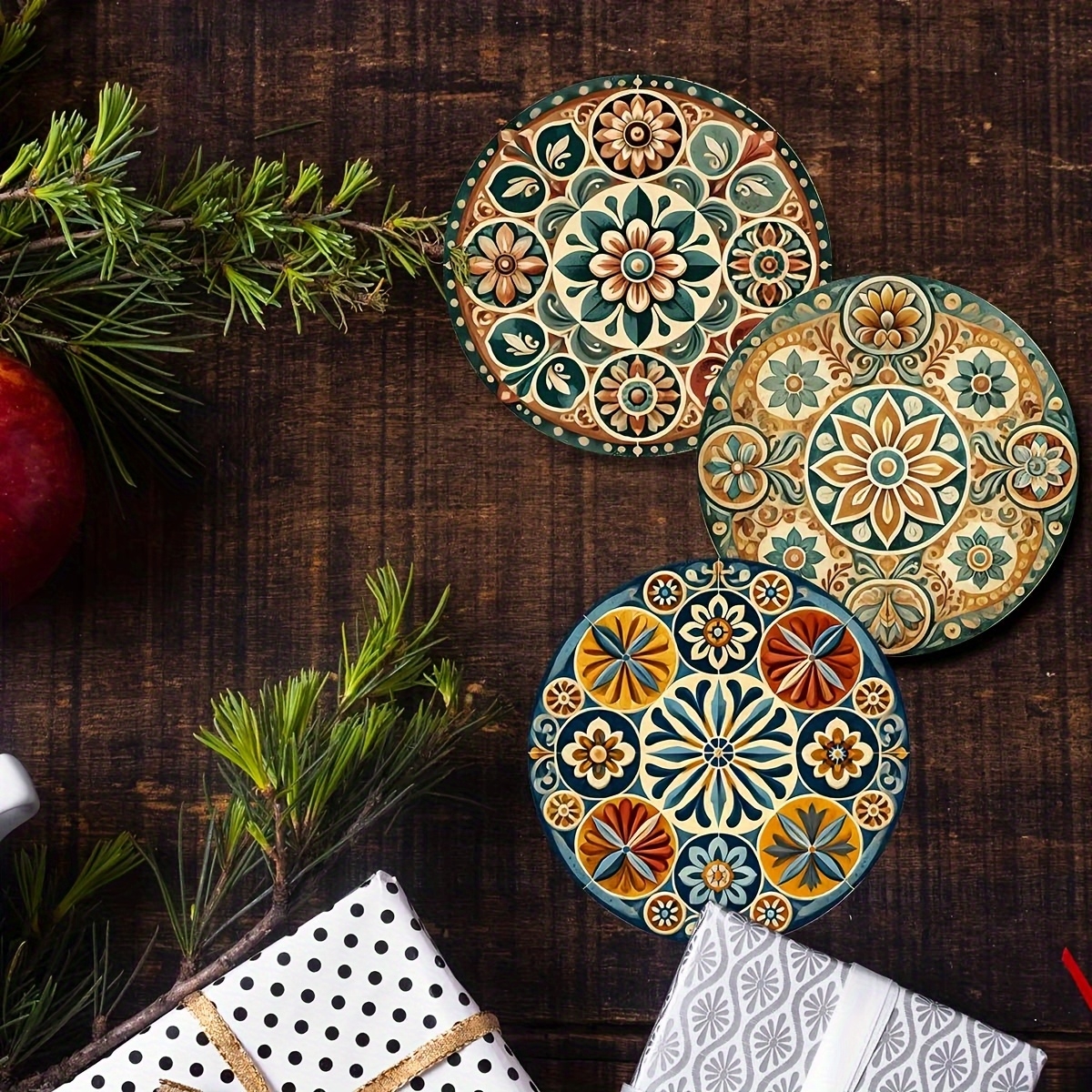 Ensemble de sous-verres en bois 2D Mandorla marocain, marqueurs artistiques circulaires pour boissons, café, thé, décoration de Table à manger pour la maison, 8 pièces