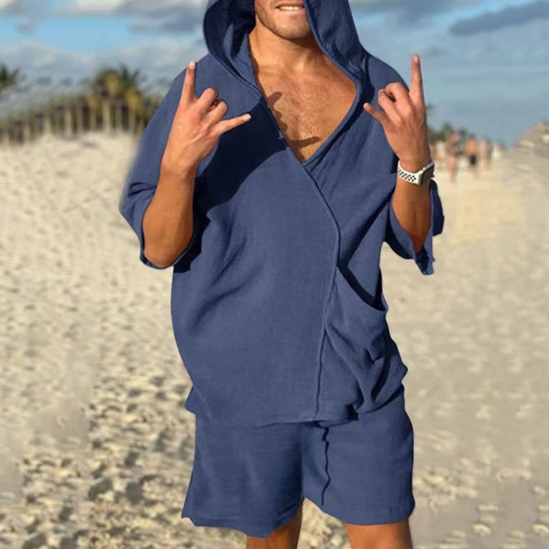 Ensemble deux pièces pour hommes, sweat à capuche à manches courtes, T-Shirt et Short à col en v, costumes de maison amples, tenues irrégulières solides pour hommes, vêtements d'été