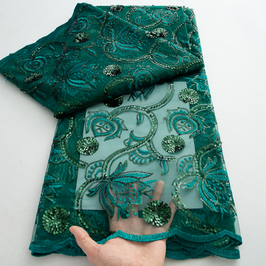 Tissu en dentelle de tulle bleu à sequins, broderie de luxe française pour robe de mariée, tissu en dentelle africaine 2026, matériau en filet de haute qualité A3812