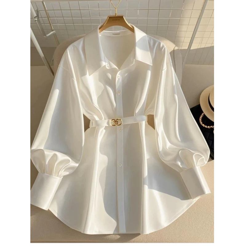 Femmes vêtements blanc tempérament chemise ample hauts printemps automne nouveau col Polo à manches longues solide élégant Blouse mode Vintage