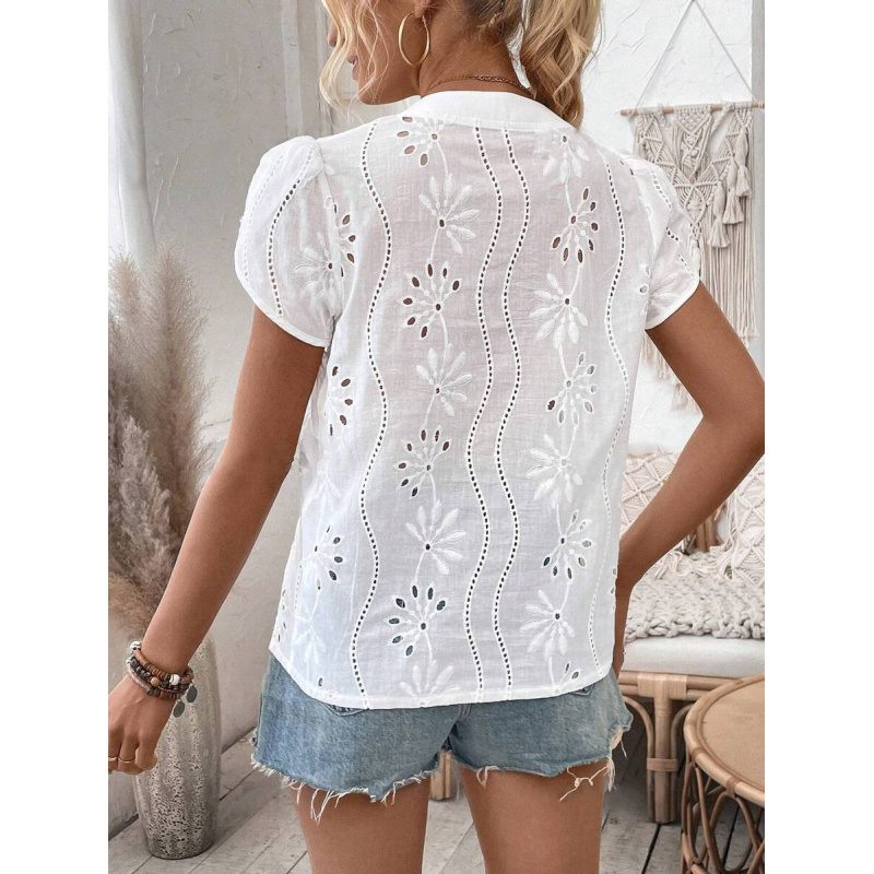 Chemisier élégant de style français à broderie florale anglaise pour femme, col en V, manches bouffantes, hauts décontractés d'été pour femme