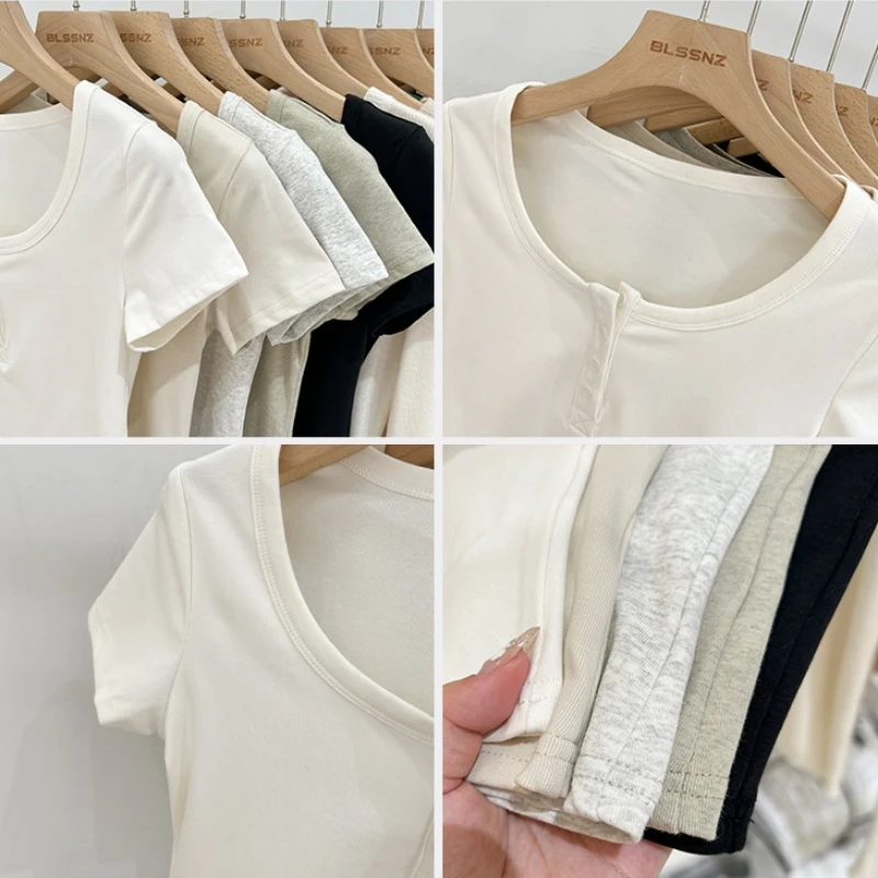 Femmes T-Shirt bouton T-Shirt femme vêtements hauts coton mince T-Shirt femme à manches courtes haut été T-Shirt Sexy Canale Y2k