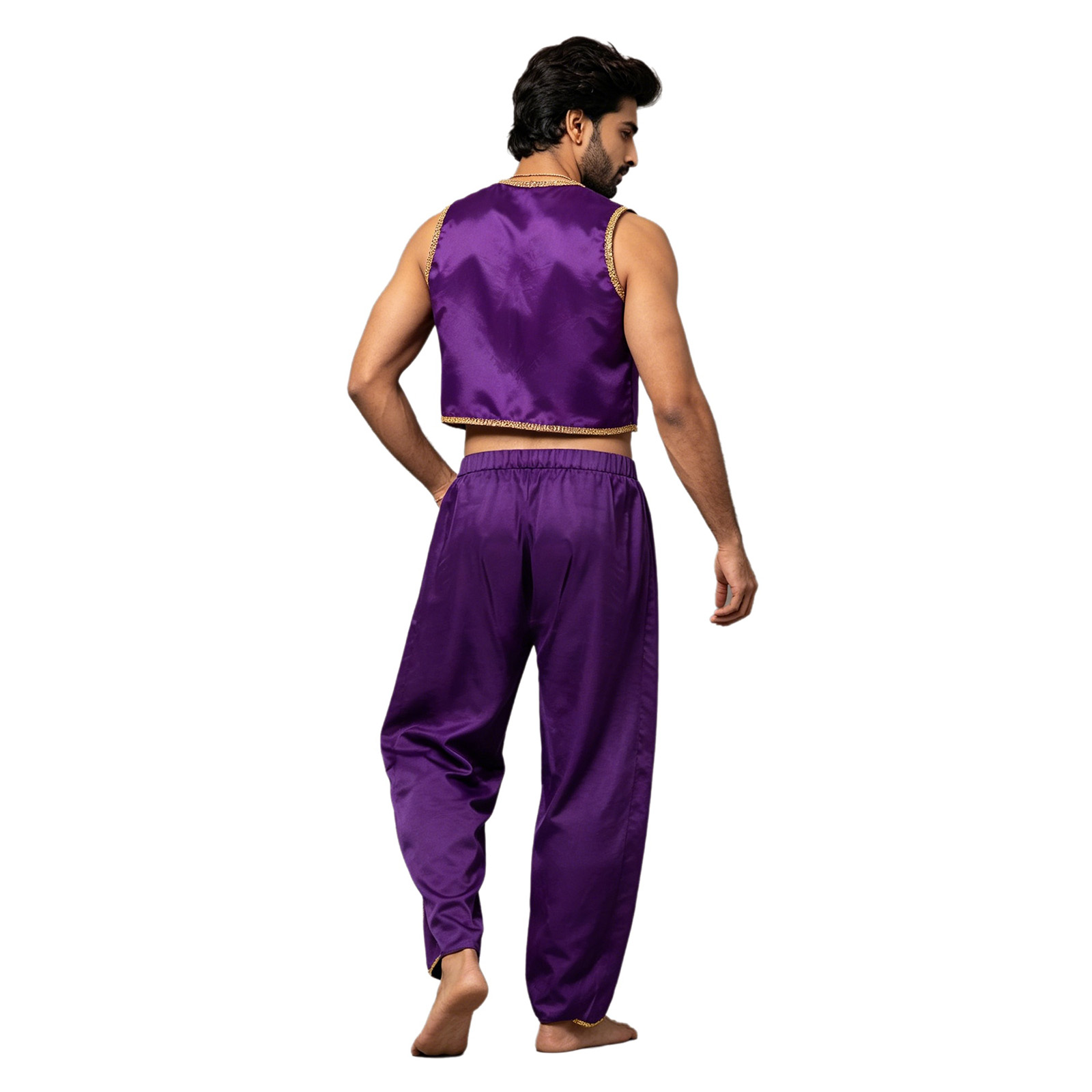 Costume de Prince arabe satiné pour hommes, garniture dorée, gilet ouvert sur le devant, hauts et pantalons de Cosplay Baggy, pantalon Palazzo indien Dhoti